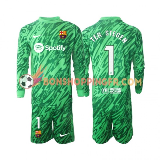 Maillot Domicile FC Barcelone Gardien Ter Stegen 1 2024-2025 Vert Manches Longues Jeune Enfant(+shorts)