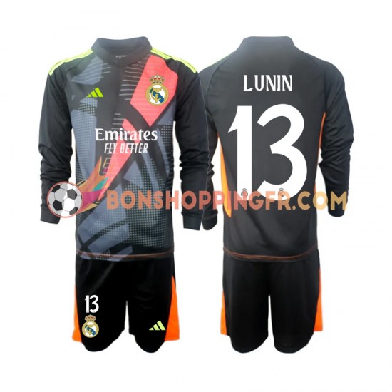 Maillot Extérieur Real Madrid Gardien Andriy Lunin 13 2024-2025 Noir Manches Longues Jeune Enfant(+shorts)