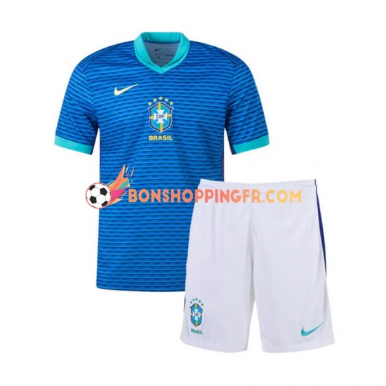 Maillot Extérieur Brésil Copa America 2024 Bleu Manches Courtes Jeune Enfant(+shorts)