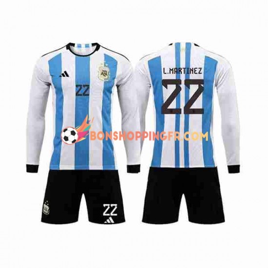 Maillot Domicile Argentine 3 Stars Lautaro Martinez 22 Coupe du Monde 2022 Manches Longues Jeune Enfant(+shorts)