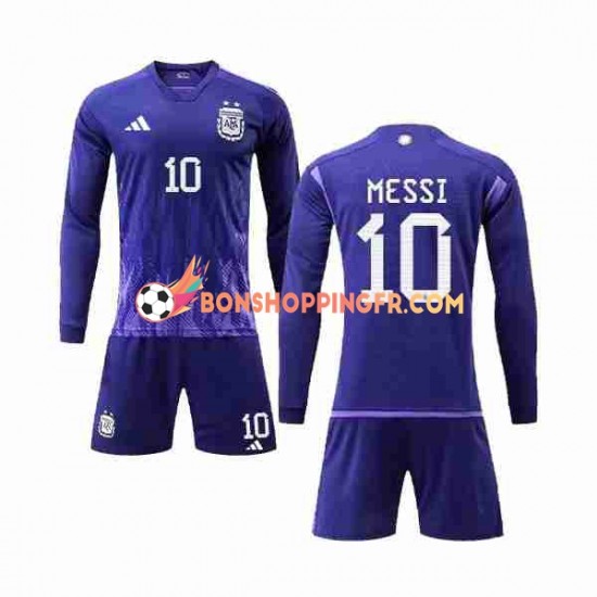 Maillot Extérieur Argentine 3 Stars Lionel Messi 10 Coupe du Monde 2022 Manches Longues Jeune Enfant(+shorts)