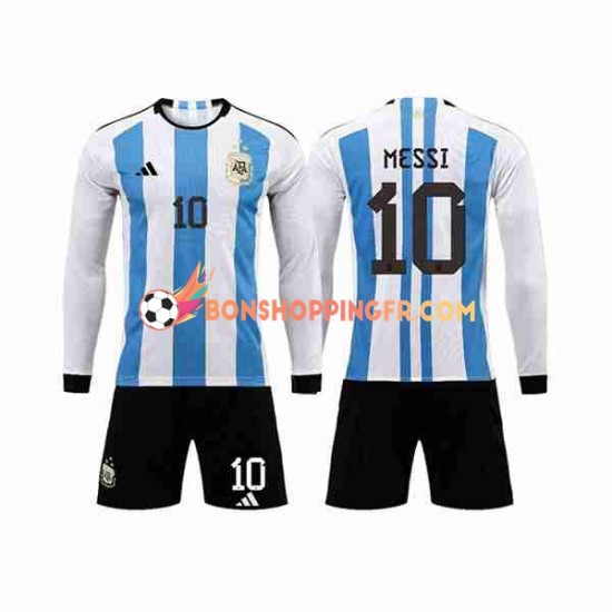 Maillot Domicile Argentine 3 Stars Lionel Messi 10 Coupe du Monde 2022 Manches Longues Jeune Enfant(+shorts)