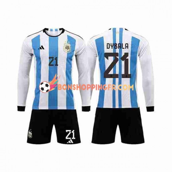 Maillot Domicile Argentine 3 Stars Paulo Dybala 21 Coupe du Monde 2022 Manches Longues Jeune Enfant(+shorts)