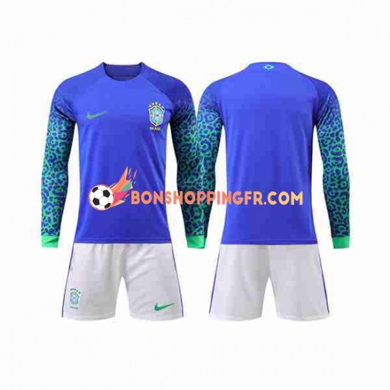 Maillot Extérieur Brésil Coupe du Monde 2022 Manches Longues Jeune Enfant(+shorts)