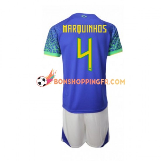 Maillot Extérieur Brésil Marquinhos 4 Coupe du Monde 2022 Manches Courtes Jeune Enfant(+shorts)