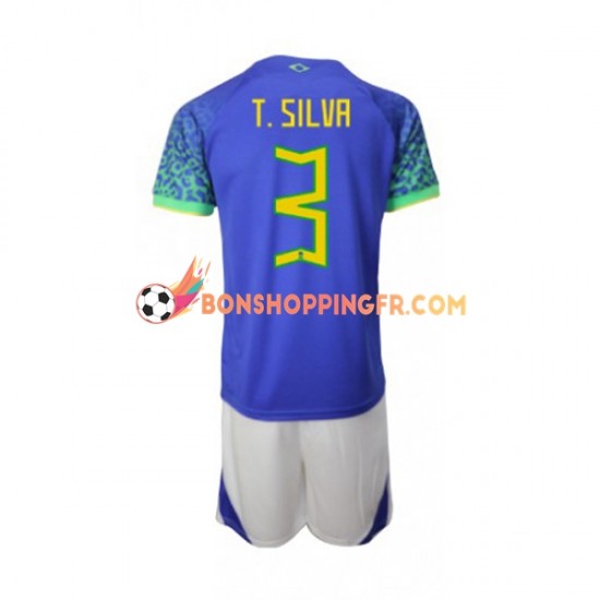 Maillot Extérieur Brésil Thiago Silva 3 Coupe du Monde 2022 Manches Courtes Jeune Enfant(+shorts)