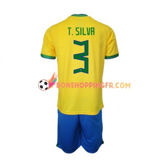 Maillot Domicile Brésil Thiago Silva 3 Coupe du Monde 2022 Manches Courtes Jeune Enfant(+shorts)