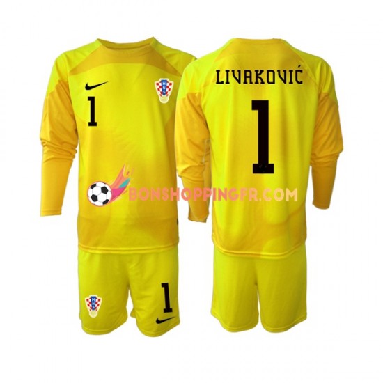 Maillot Domicile Croatie Gardien Dominik Livakovic 1 Coupe du Monde 2022 Manches Longues Jeune Enfant(+shorts)