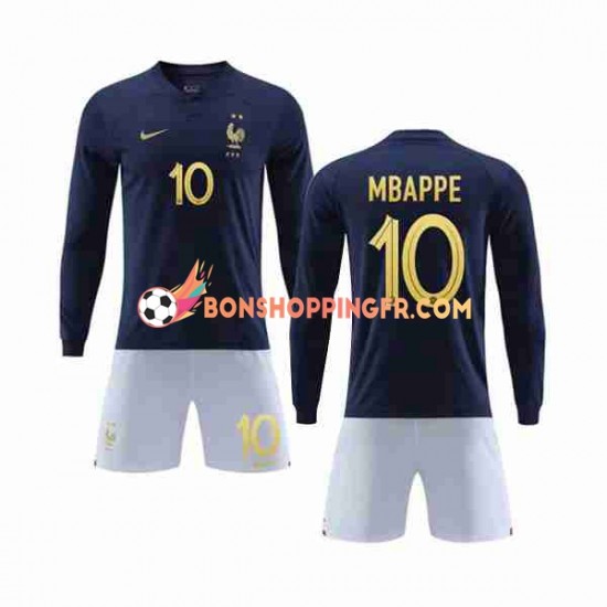 Maillot Domicile France Mbappe 10 Coupe du Monde 2022 Manches Longues Jeune Enfant(+shorts)