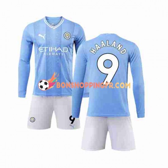 Maillot Domicile Manchester City Haaland 9 2023-2024 Manches Longues Jeune Enfant(+shorts)