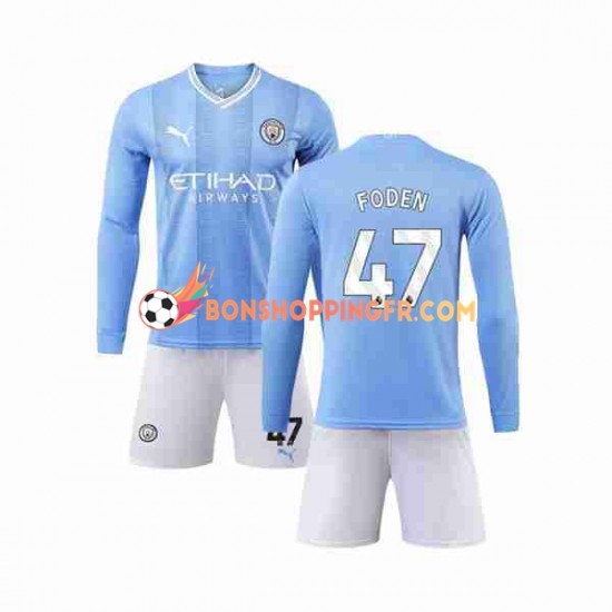 Maillot Domicile Manchester City Phil Foden 47 2023-2024 Manches Longues Jeune Enfant(+shorts)