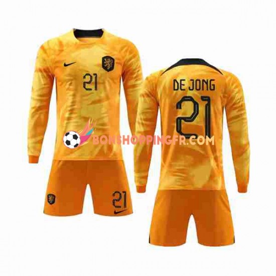 Maillot Domicile Pays-Bas De Jong 21 Coupe du Monde 2022 Manches Longues Jeune Enfant(+shorts)