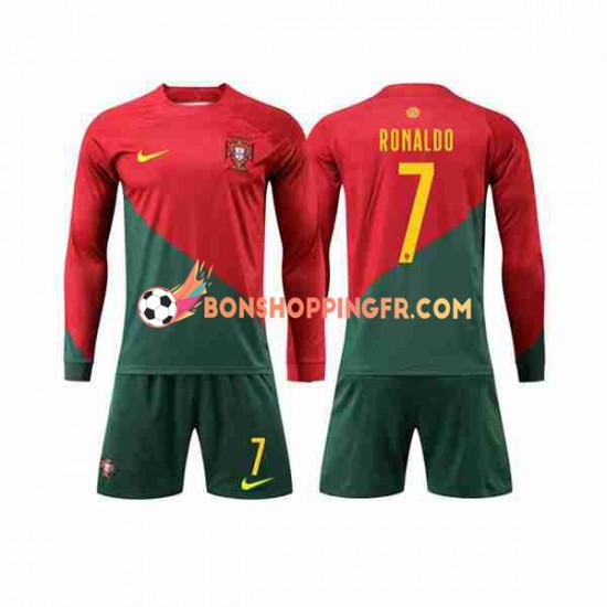 Maillot Domicile Portugal Ronaldo 7 Coupe du Monde 2022 Manches Longues Jeune Enfant(+shorts)