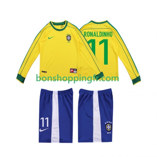 Maillot Rétro Domicile Brésil RONALDINHO 11 1998 Manches Longues Jeune Enfant(+shorts)