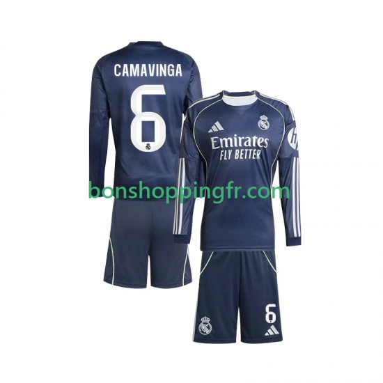 Maillot Extérieur Real Madrid Camavinga 6 2025-2026 Manches Longues Jeune Enfant(+shorts)