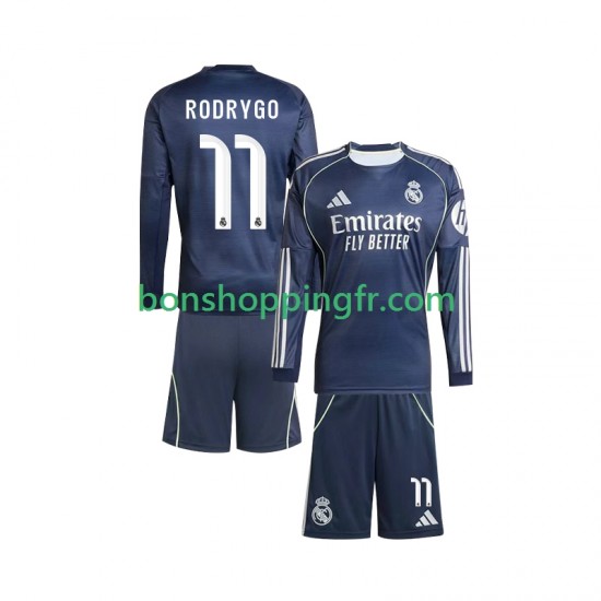 Maillot Extérieur Real Madrid Rodrygo 11 2025-2026 Manches Longues Jeune Enfant(+shorts)